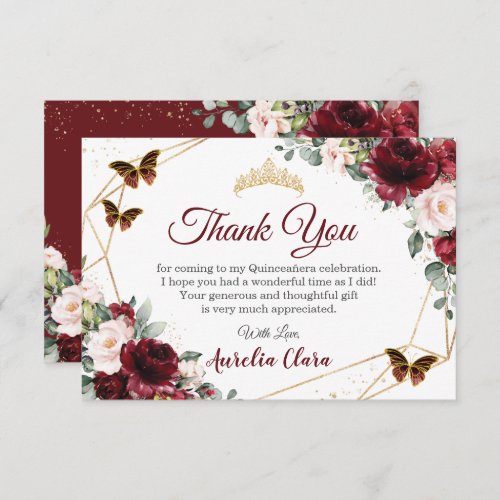 Quinceaera Burgundy Blush Floral Butterflies  Thank You Card