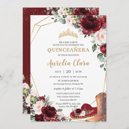 Quinceaera Burgundy Blush Floral Charro Hat Boot Invitation