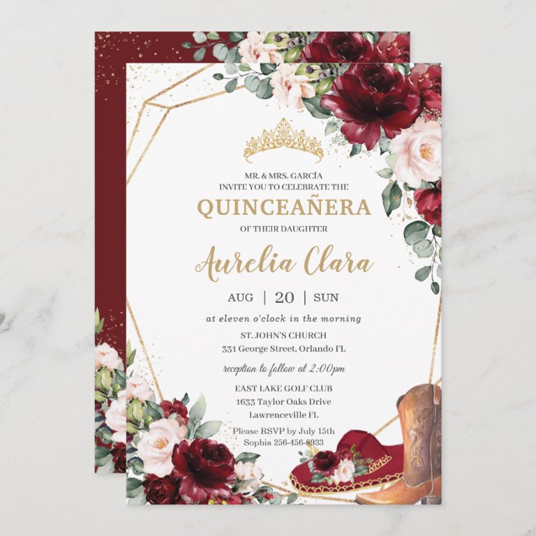 Quincea&#241;era Burgundy Blush Floral Charro Hat Boot Invitation