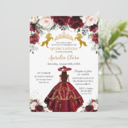 Quinceañera Burgundy Blush Floral Charro Horses Invitation | Zazzle