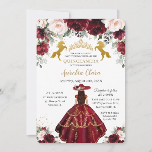 Quinceañera Burgundy Blush Floral Charro Horses Invitation | Zazzle