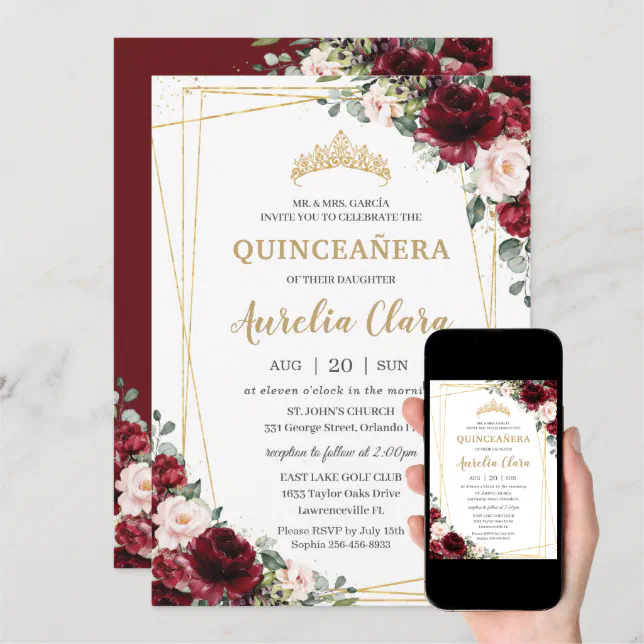 Quinceañera Burgundy Blush Floral Geometric Gold Invitation | Zazzle