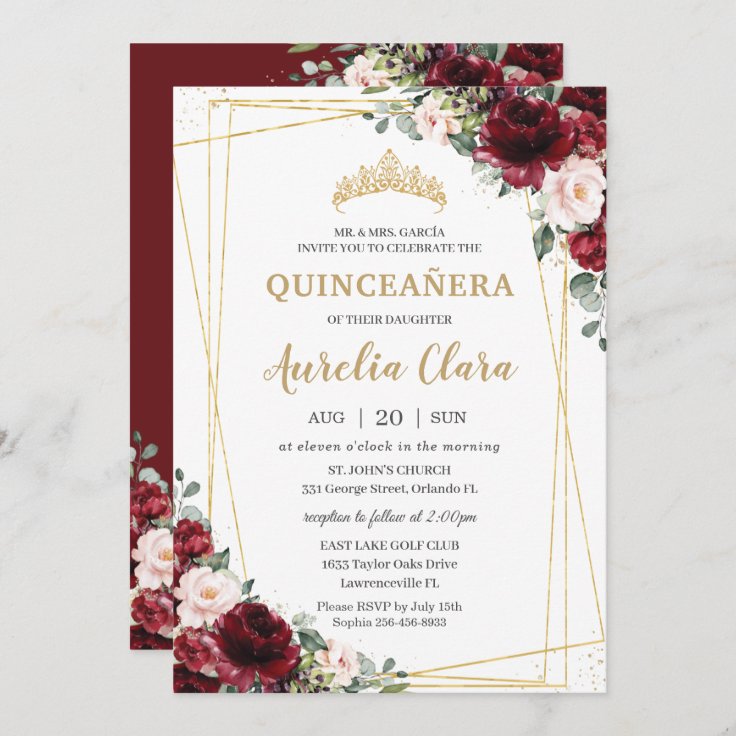 Quinceañera Burgundy Blush Floral Geometric Gold Invitation | Zazzle