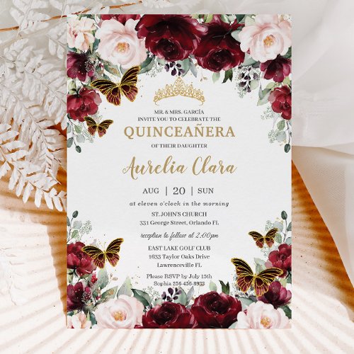 Quinceaera Burgundy Blush Floral Gold Butterflies Invitation