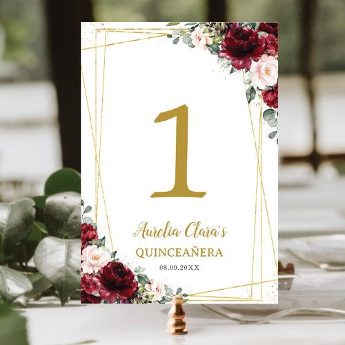 Quinceaera Burgundy Blush Floral Gold Butterflies Table Number