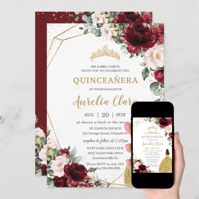 Quinceañera Burgundy Blush Floral Gold Dress Crown Invitation | Zazzle