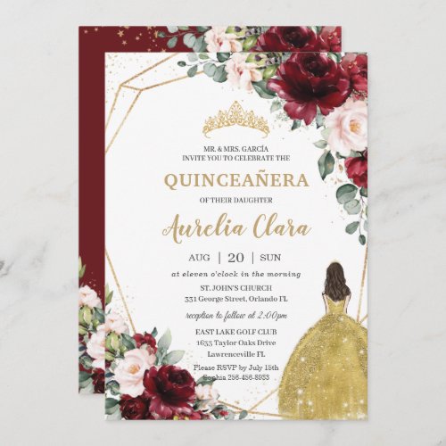 Quinceaera Burgundy Blush Floral Gold Dress Crown Invitation