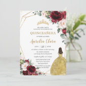 Quinceañera Burgundy Blush Floral Gold Dress Crown Invitation (Standing Front)