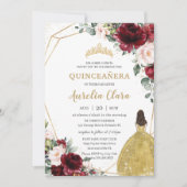 Quinceañera Burgundy Blush Floral Gold Dress Crown Invitation (Front)