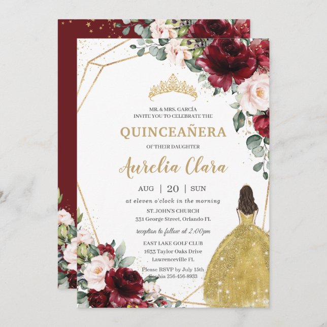 Quinceañera Burgundy Blush Floral Gold Dress Crown Invitation (Front/Back)
