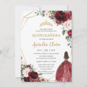 Quinceañera Burgundy Blush Floral Gold Princess Invitation (Front)