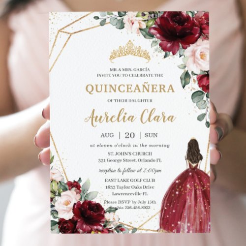 Quinceaera Burgundy Blush Floral Gold Princess Invitation