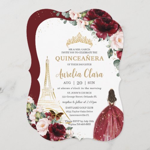 Quinceaera Burgundy Blush Floral Paris Gold Crown Invitation
