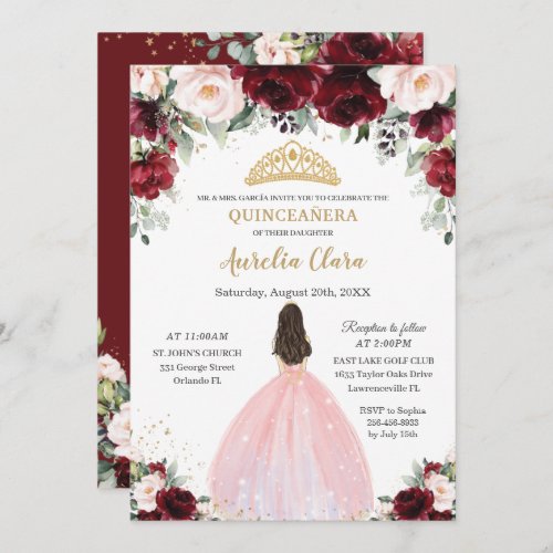 Quinceaera Burgundy Blush Floral Pink Dress Crown Invitation