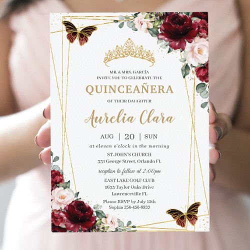 Quinceaera Burgundy Blush Floral Princess Tiara Invitation