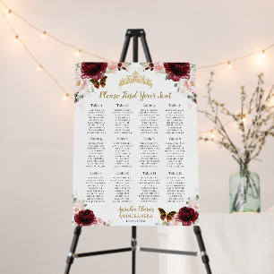 Quinceañera Burgundy Blush Floral Seating Chart Foam Board
