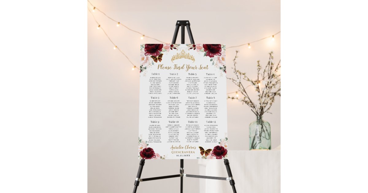 Quinceañera Burgundy Blush Floral Seating Chart Foam Board Zazzle