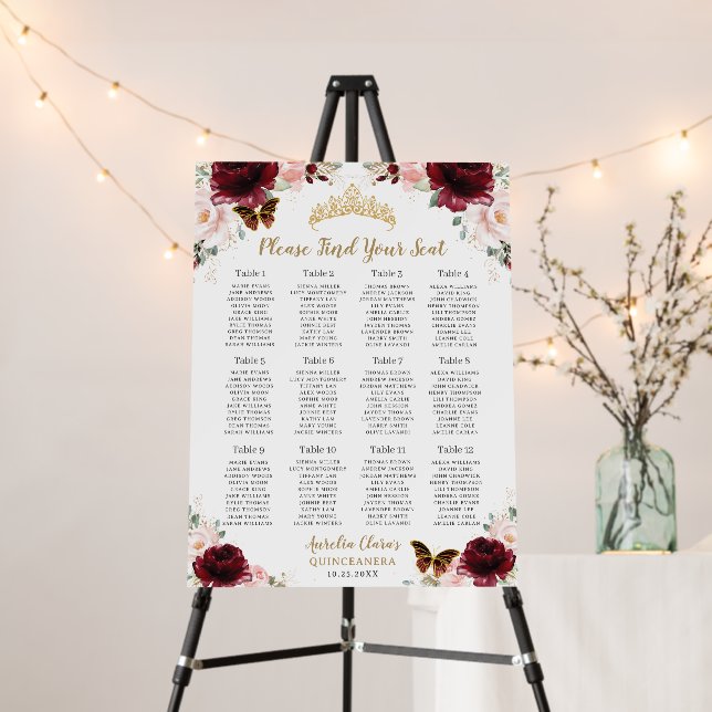 Quinceañera Burgundy Blush Floral Seating Chart  Foam Board (In Situ (Stand))