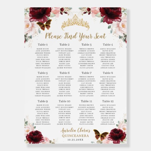 Quinceañera Burgundy Blush Floral Seating Chart Foam Board Zazzle