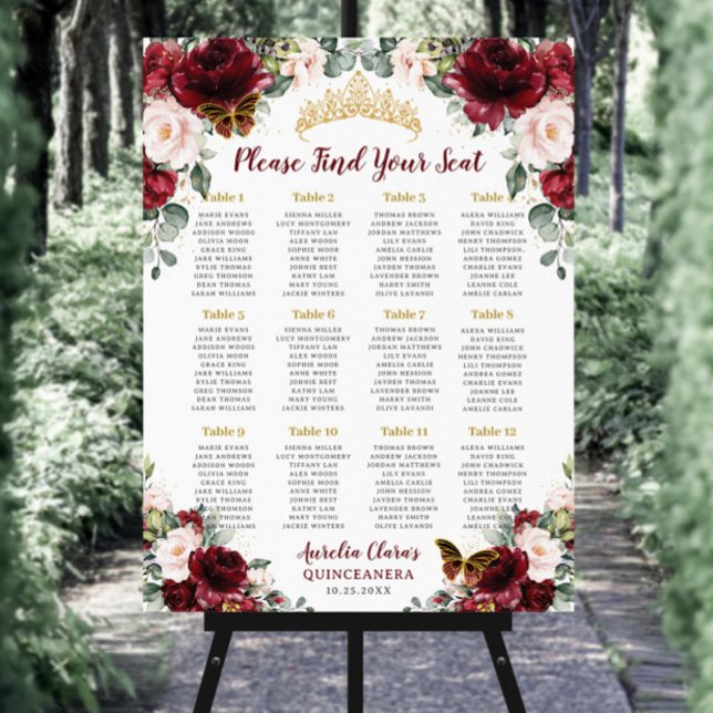 Quinceañera Burgundy Blush Floral Seating Chart Foam Board (Creator Uploaded)