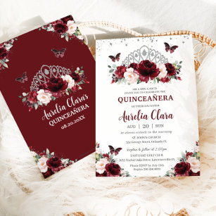 Quinceañera Burgundy Blush Floral Silver Crown  Invitation