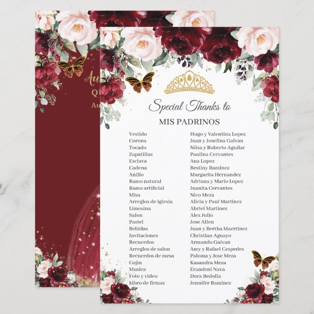 Quinceañera Burgundy Blush Floral Thanks Padrinos  (Front/Back)