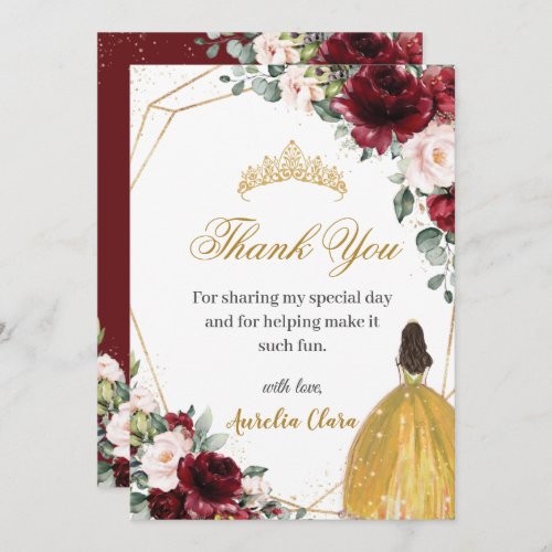 Quinceaera Burgundy Blush Floral Yellow Princess  Thank You Card