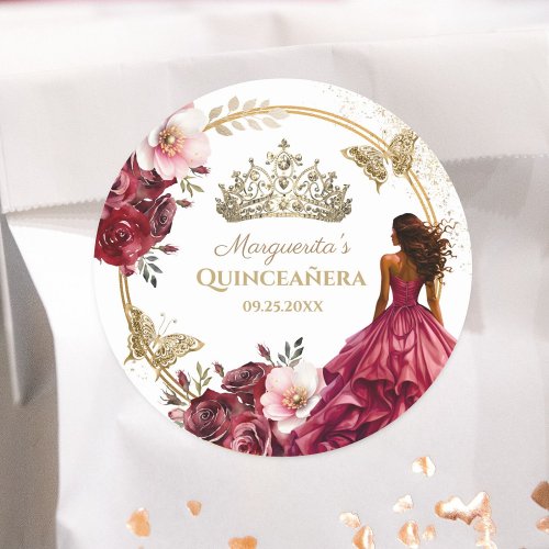 Quinceaera Burgundy Blush Gold Floral Princess Classic Round Sticker