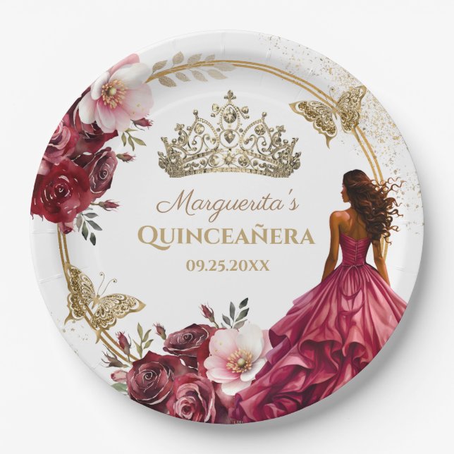 Quinceañera Burgundy Blush Gold Floral Princess Paper Plates (Front)