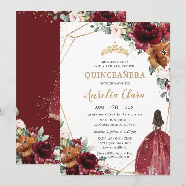 Quinceañera Burgundy Blush Rust Floral Princess Invitation (Front/Back)