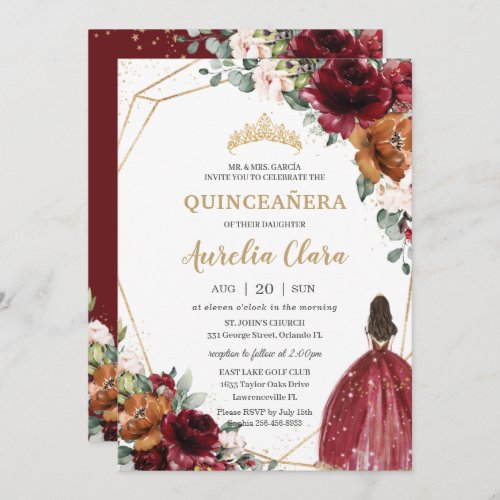 Quinceaera Burgundy Blush Rust Floral Princess Invitation