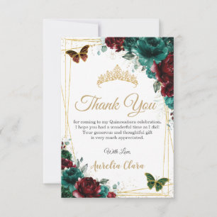 Quinceañera Burgundy Emerald Floral 16th Birthday Thank You Card