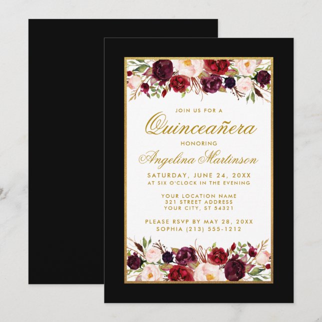 Quinceanera Burgundy Floral Black White Gold Invitation (Front/Back)