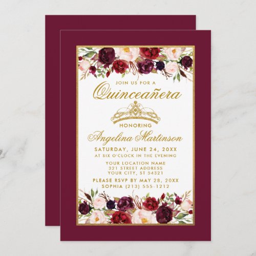Quinceanera Burgundy Floral Crown Gold Frame Invitation