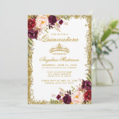 Quinceanera Burgundy Floral Crown Photo Gold Invitation (Standing Front)