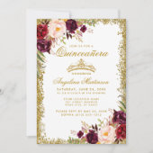 Quinceanera Burgundy Floral Crown Photo Gold Invitation (Front)
