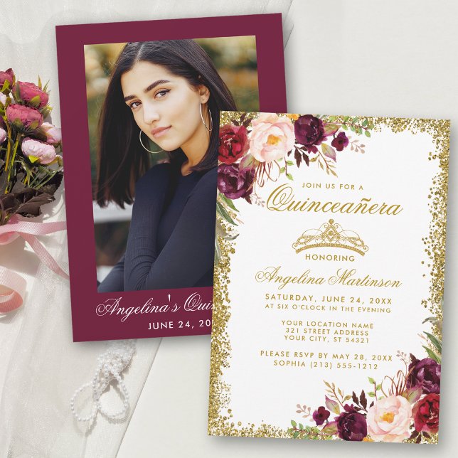 Quinceanera Burgundy Floral Crown Photo Gold Invitation