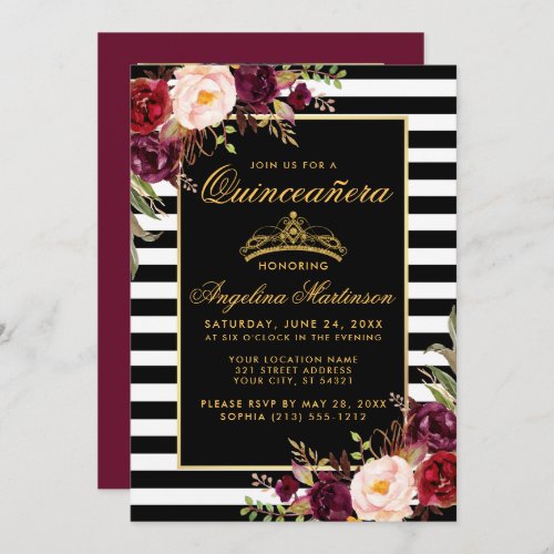 Quinceanera Burgundy Floral Crown Stripes Photo Invitation