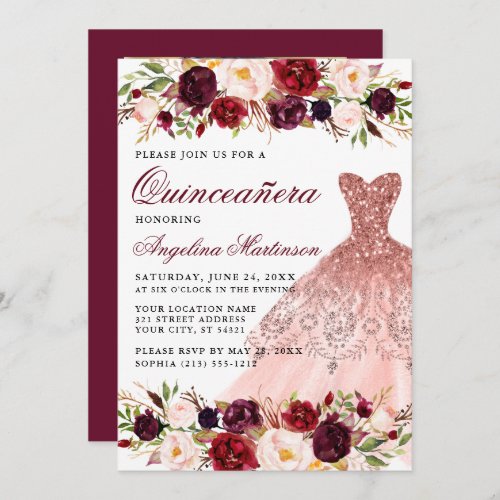 Quinceanera Burgundy Floral Dress Photo Back Invitation