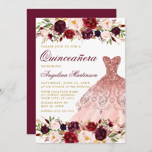 Quinceanera Burgundy Floral Glitter Dress Gold Invitation