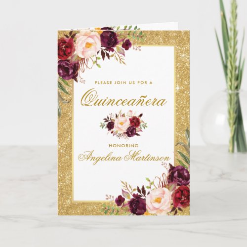Quinceanera Burgundy Floral Glitter Photo Folded Card