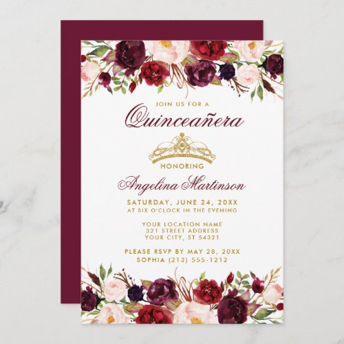 Quinceanera Burgundy Floral Gold Crown Invitation