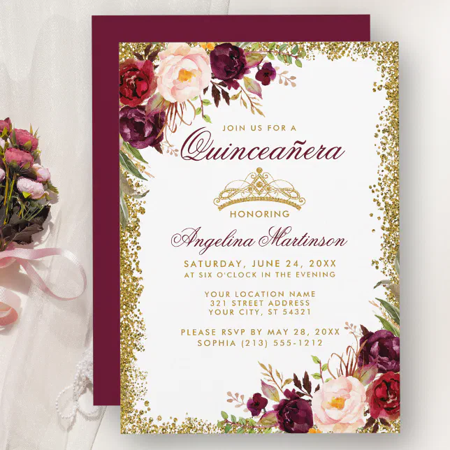 Quinceanera Burgundy Floral Gold Crown Invite B | Zazzle