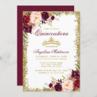 Quinceanera Burgundy Floral Gold Crown Invite B