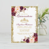 Quinceanera Burgundy Floral Gold Crown Invite B (Standing Front)
