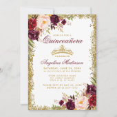 Quinceanera Burgundy Floral Gold Crown Invite B (Front)