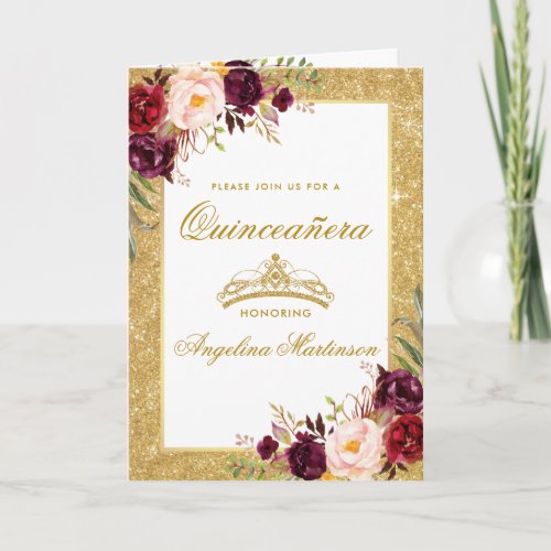 Quinceanera Burgundy Floral Gold Crown Photo Fold Card