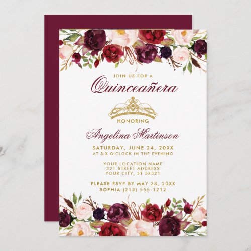 Quinceanera Burgundy Floral Gold Crown Photo Invitation