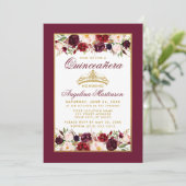 Quinceanera Burgundy Floral Gold Frame Crown Invitation (Standing Front)