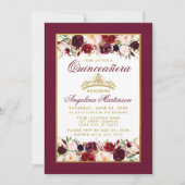 Quinceanera Burgundy Floral Gold Frame Crown Invitation (Front)